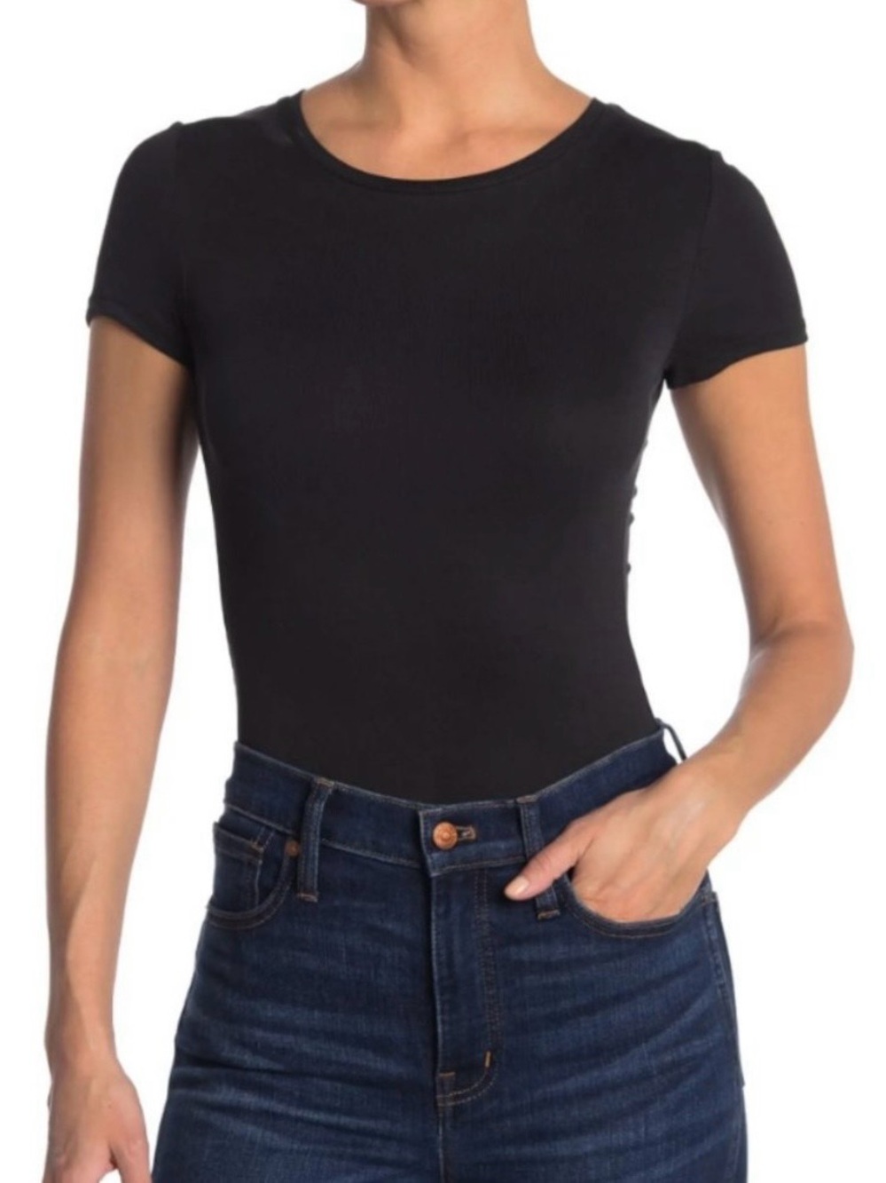 Elodie Black Short-Sleeve Crewneck Bodysuit